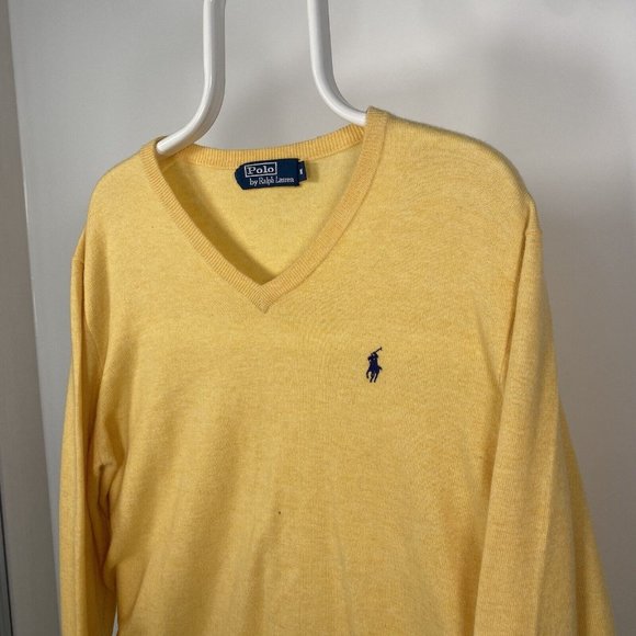 Polo Ralph Lauren 100% Merino Wool Jumper V-Neck Sweater Yellow Medium - Picture 4 of 14